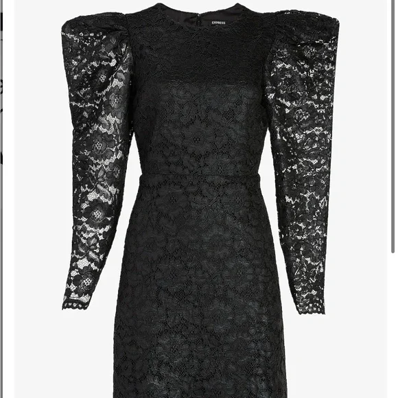 NWT EXPRESS Black Lace Puff Sleeve Fit and Flare Dress - Picture 2 of 9